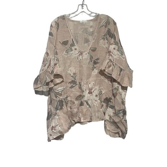 Made In Italy Women's Deep V-Neck Ruffled Short Sleeves Floral Blouse Brown XXL - Picture 1 of 5